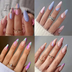 Simple French Wearable False Nails Almond Colorful Stripes Colorblock Design Manicure Fake Nails Line Full Cover Press On Nail