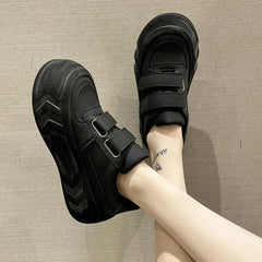 Ingvn New Women's Vulcanized Casual Sports Shoes Thick Sole Velcro Solid Color Women Shoes Flat Bottom Round Toe Low Top Shoes