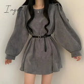 Ingvn - Vintage Corduroy Belt Dress Women Solid O-Neck Lantern Sleeve Mini Dresses Ladies Korean Fashion Spring Fall Vestido De Mujer