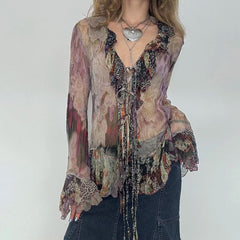 Vintage Transparent Crop Top with Slit 90s Mesh Print Ruffles Patchwork Full Sleeve Bandage Women T-shirt Grunge y2k Tees
