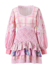 Boho Inspired pink floral dress women mini patchwork summer dress long sleeve V-neck ruffled dress chic sweet ladies party dress
