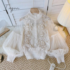 Ingvn - spring Women Mesh Tops Fashion Sexy Sheer Lace Blouse Lantern Sleeve 3D Floral Blouses Shirts Elegant Top Blusas Femininas