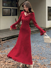 Elegant Solid Knitted Dress for Women Vintage French Flare Sleeve Bodycon Princess Evening Party Womens Dresses Slim Vestidos