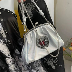 Ingvn Vintage Y2k Womens Handbag Silver Gothic Fashion Chains Casual Shoulder Bag Pu Leather Pleated Original Female Shell Bag