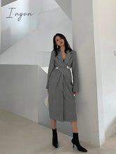 Ingvn - Women Gray Pleated Knot Long Elegant Dress New V-collar Long Sleeve Loose Fit Fashion Tide Spring Summer 2023