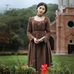 Ingvn - Spring Autumn Women 100%Linen Coffee Long Dress Ladies Victoria Royal Vintage Elegant Long Sleeve High Waist Dress robe longue
