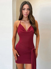 Halter Backless Draped Sexy Mini Dress Women Robe Fashion Off-shoulder Sleeveless Backless Bodycon Ruched Club Dresses