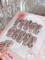 Glitter Fairy Rhinestone False nail Tips for Bride lady Wearable Sweet Crystal Design Press on Nails Mid Length Fake Nail Patch