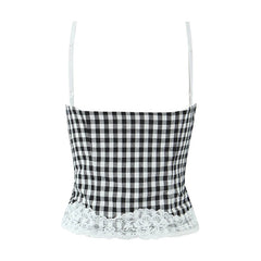 High Street Women Lace Patchwork Plaid Camis Sexy Sleeveless Slim Fit Crop Top Summer Chic Lady Party Tops