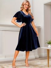 Velvet Plain Color V-neck Dress, Elegant Ruffle Sleeve A-line Midi Dress For Wedding Guests, Women's Clothing