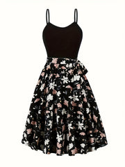 Seasonal Radiance, Elegant Floral Print Dress Set with Open Front Long Sleeve Cardigan & Tie-Waist Spaghetti Suspender Dress - Machine Washable, Polyester - Perfect for Spring/Fall