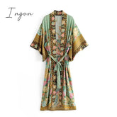 Ingvn - women peacock floral print bat sleeve beach Bohemian Kimono robe Ladies V neck Tassel Summer happie dress vestidos