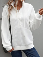 Ingvn - Women's Sweatshirt Pullover Basic Button Drawstring White Solid Color Casual V Neck Long Sleeve Top Micro-elastic Fall & Winter