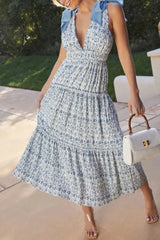 Ingvn - Sweet Elegant Print Flowers Frenulum V Neck A Line Dresses