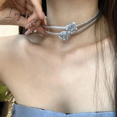 Korean Fashion Silver Color Rose Leather Double Layer Necklace for Women Girls Choker Clavicle Chain Aesthetic Jewelry New