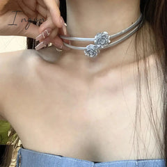 Korean Fashion Silver Color Rose Leather Double Layer Necklace for Women Girls Choker Clavicle Chain Aesthetic Jewelry New