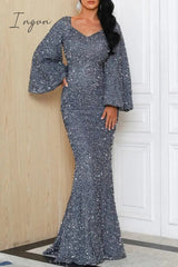 Ingvn - Elegant Formal Solid Sequins V Neck Evening Dress Dresses