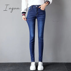 Ingvn - Black Women Autumn Washed Jeans Mid Waist Y2k Cotton Fashion Chic All-match Pants Slim Shinny Stretch Casual Denim Pencil Jeans