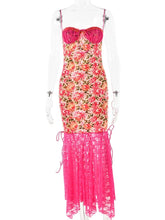 Ingvn Woman Spaghetti Strap Lace Patchwork Evening Dress Sexy Bandage Floral Printed Backless Bodycon Long Party Birthday Dresses