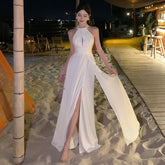 Elegant Party White Satin Long Dresses for Women Summer New Sexy Sleeveless Birthday Backless Bandage Female Clothing Robe