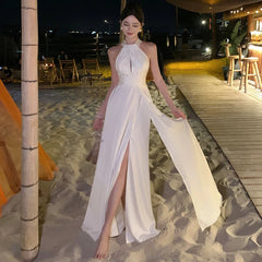 Elegant Party White Satin Long Dresses for Women Summer New Sexy Sleeveless Birthday Backless Bandage Female Clothing Robe