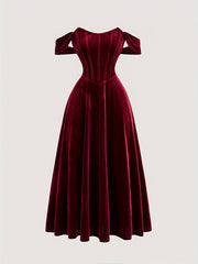 Elegant Off-Shoulder Knit Dress, 95% Polyester 5% Spandex, Solid Color Long Length Fit and Flare Gown with Tie Back Details for All Seasons