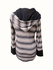 Striped Print Button Decor Tunic Hoodie, Casual Long Sleeve Hoodie Sweatshirt, Women's Clothing