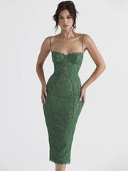 Spaghetti Strap Lace Sexy Midi Dress For Women Gown Green Sleeveless Backless Club Party Printed Long Dress Vestidos