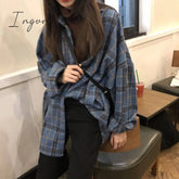 Ingvn - Female Autumn Street Blouse Shirts Vintage Oversized Plaid Flannel Boyfriend Tunic Shirt for Women Casual Korean Tops