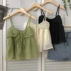 Ingvn - Summer New Korean Style Sweet Crop Tops All-Match Bow Tie Sleeveless Short Mesh Outer Wear Spaghetti-Strap Camisole Top