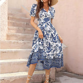 Vibrant Floral Print Surplice Neck A-Line Dress - Elegant Short Sleeve Spring & Summer Dresses for Women - Stylish, Comfortable, and Chic Clothing for Ladies