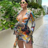 Ingvn - Hot Sexy Bandage Lace Up Mini Dresses Print Deep V Club Party Long Sleeve Tie Up Dresses Ruffle Outfits Vestido