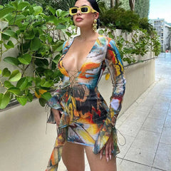 Ingvn - Hot Sexy Bandage Lace Up Mini Dresses Print Deep V Club Party Long Sleeve Tie Up Dresses Ruffle Outfits Vestido