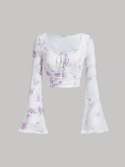 Trendy Tie Dye Print Ruched T-Shirt - Flattering Long Flare Sleeves, Casual Chic Top for Spring and Fall, Coquette Y2K Style Women's Clothing with Relaxed Fit and Soft Fabric
