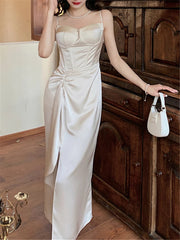 Elegant Vintage Midi Dresses for Women Sleeveless Fashion Spli Solid Square Collar Spaghetti Strap Party Dress New Summer