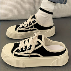 Women's Flatform Mule Sneakers, Casual Round Toe Slip On Backless Skate Shoes, All-Match Preppy Student Walking Shoes