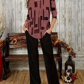 Plus Size Casual Outfits Two Piece Set, Women's Plus Brush Print Long Sleeve Round Neck Top & Pants Outfits 2 Piece Set