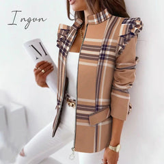 Ingvn - Casual Plaid Jacket Women Spring Autumn Long Sleeve Ruffles Khaki Pink Zippers Woman Coats Fashion Office Lady Jackets Coat