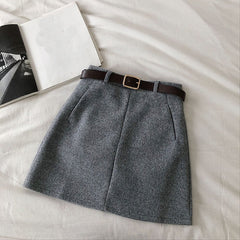 Voguable England Solid Women Belt Skirt winter fashion High Waist A-line pocket Skirt Females Mini Office ladies 5 color casual Skirts