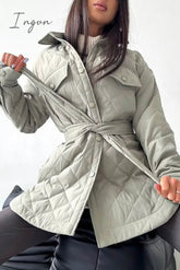 Ingvn - Casual Solid Bandage Patchwork Turndown Collar Outerwear