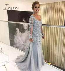 Ingvn - Elegant Silver Long Sleeves Mother Of The Bride Clothes V Neck Bride Patin Evening Dress Wedding Party Guest Clothes New