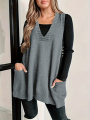 Plus Size Solid Knit Sweater Vest, Casual V Neck Sleeveless Sweater For Fall & Winter, Women's Plus Size Clothing