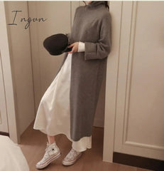 Ingvn - 2 colors autumn winter long sweater dress female long sleeve loose knitted long dress womens bodycon robe female