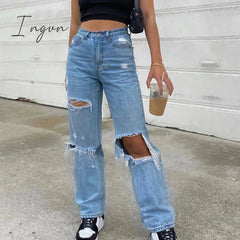 Ingvn - Baggy Jeans Straight Leg Ripped Jeans For Women Fashion Loose High Streetwear Women High Waist Pants Hole Boyfriend Trousers