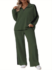 Stylish Plus Size Co-ords - Ribbed Half Zip Long Sleeve Sweatshirt and Wide Leg Pants Outfits for Women - Casual, Comfortable, and Chic Clothing Set for Curvy Figures