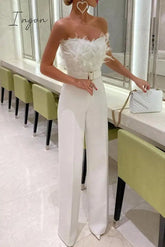Ingvn - Sexy Feathers With Belt Strapless Jumpsuits(5 Colors)
