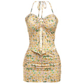 Sweet Floral Print Women 2 Piece Set Elegant Halter Shirring Tube Camisole+Peach Hip Skirts Sexy Club Matching Suits