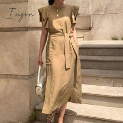 Ingvn - Sexy Sleeveless Summer Dress Sexy Ruffle Maxi Long Dress With Belt Women Bohemian Sundress Party Vestido Autumn Robe