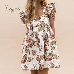 Ingvn - Elegant Butterfly Sleeve Ruffle Mini Dress Casual Square Collar Print Party Dress Women Summer Loose Pocket Beach Dress Vestidos