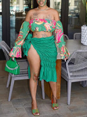 Ingvn - Summer Beach Style Two Piece Set Women Fashion Sexy Printed Off The Shoulder Tube Top Fold Lace-up Slit Skirt 2 Piece Suit Women